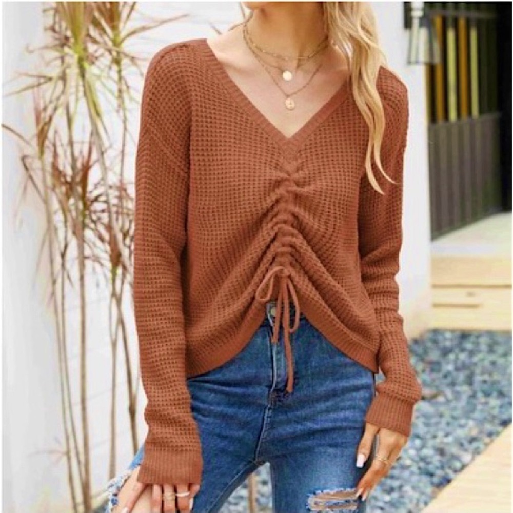 Waffle Knit V-Neck Boho Sweater